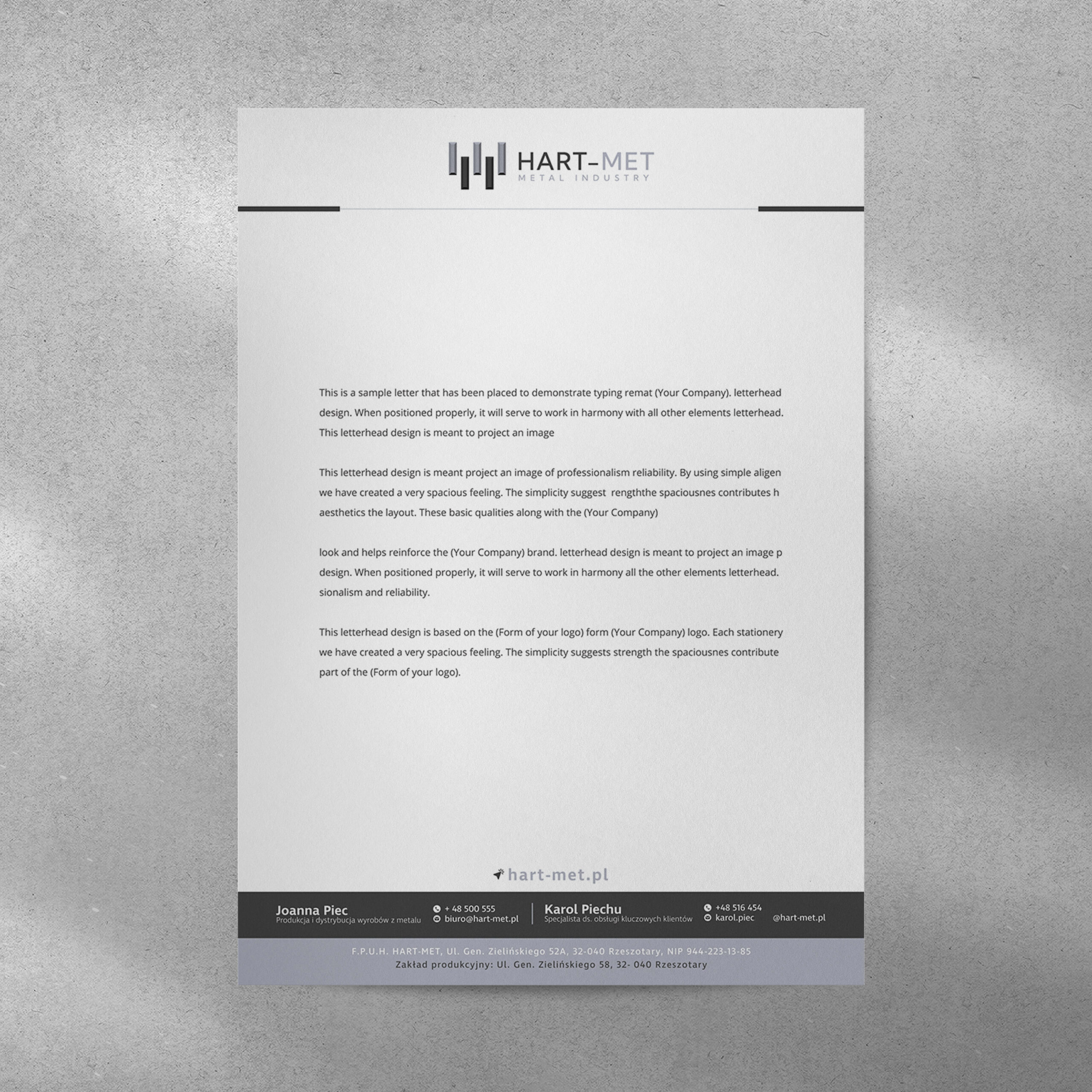 HART-MET — papier firmowy z metalicznym logo, projekt Skubi Art